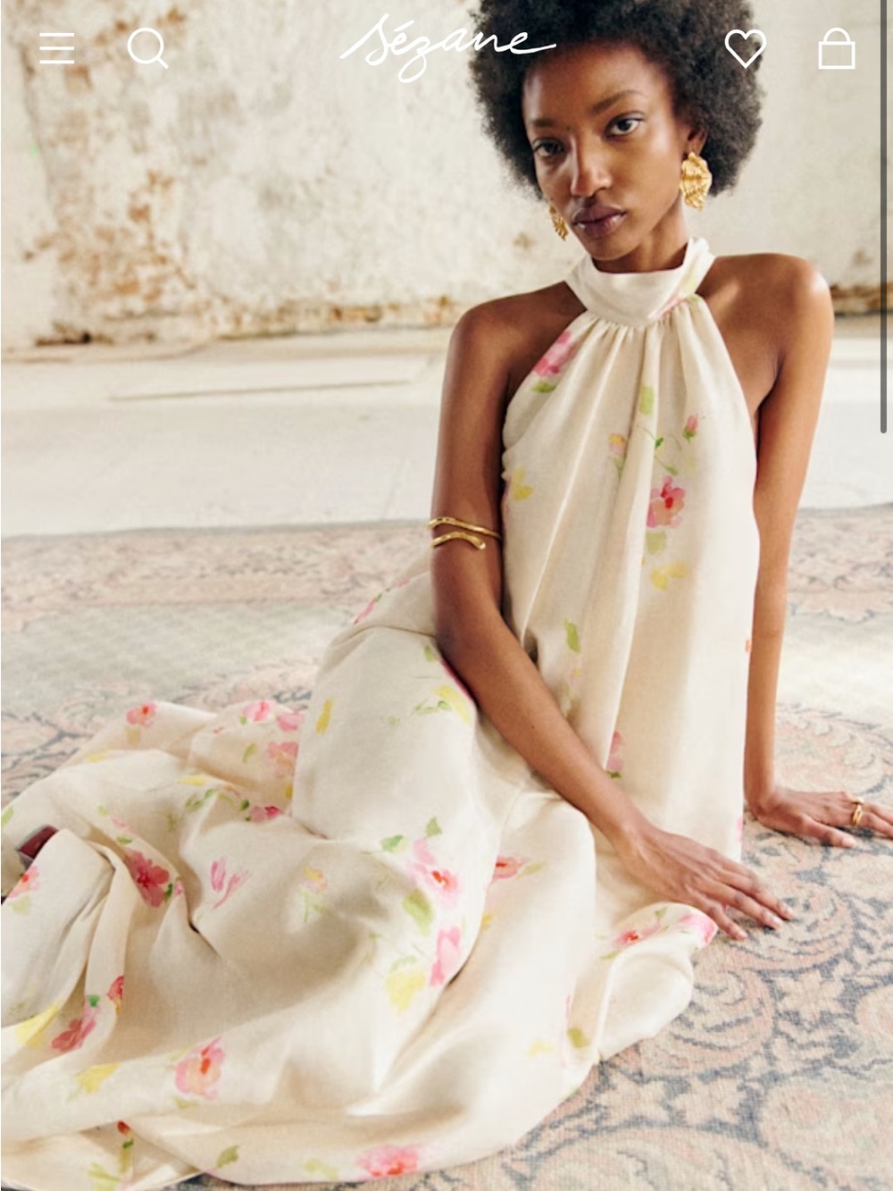 Sezane COSIMA DRESS Cream Halter Floral Maxi Dress